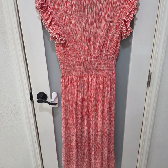 Chelsea 28 Red White Smocked Midi Dress Size M Ruffle Sleeve Boho Summer Casual - Picture 9 of 9